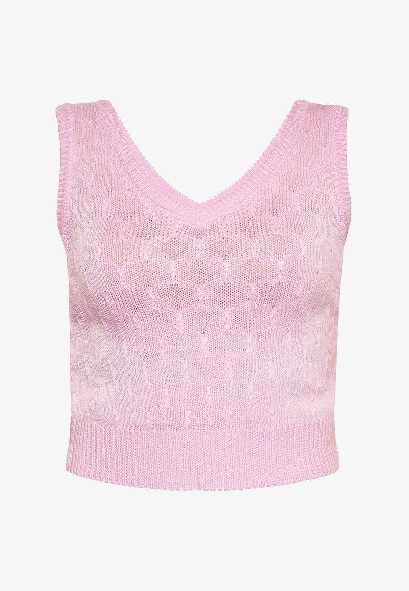 Roze gebreide crop top met een V-hals, met een gestructureerd patroon en een geribde zoom. Licht en ademend materiaal, geschikt voor het combineren met andere kleding.
