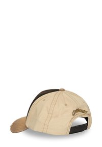 Gorra de algodón con paneles beige y marrón, bordado "California" en amarillo, dispone de una correa ajustable y visera curvada. Tela texturizada.