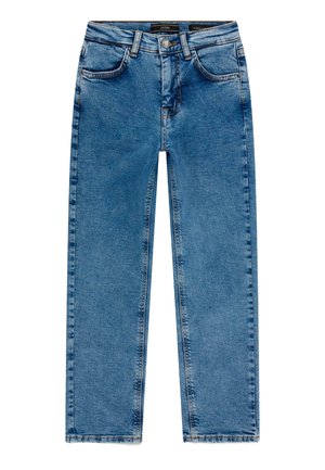 Jean en denim bleu à coupe droite avec bouton frontal, zip, passants de ceinture et design à cinq poches.
