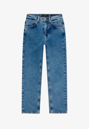 Jean en denim bleu à coupe droite avec bouton frontal, zip, passants de ceinture et design à cinq poches.