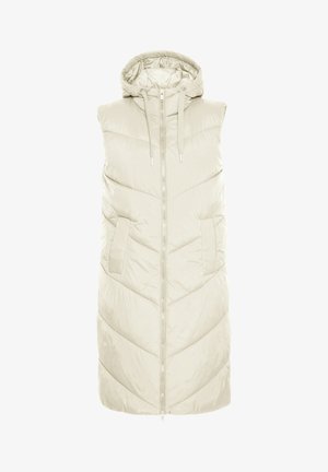 Kerge beež ilma varrukateta tüne vest kapuutsiga, tekstuuriga chevron mustriga, ees taskud ja keskmine tõmblukk.