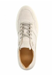Beige suede sneaker with a rounded toe, lace-up design, tan leather lining, and perforated details on the side. Lightweight rubber sole.