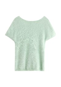 Zelený mint krátký rukáv z měkkého, chlupatého materiálu. Má široký výstřih a uvolněný střih s texturovaným povrchem.