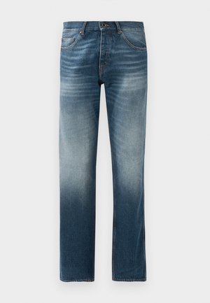 Jeans i mørkeblå utgave med en klassisk avbleking, rett ben-design. Har fem lommer, standard midje med beltehemper og metallknapp-lukking.