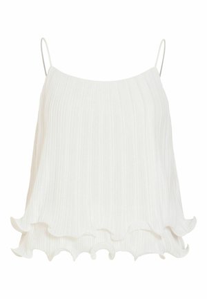 Haut blanc plissé sans manches avec fines bretelles et ourlet à double volants.