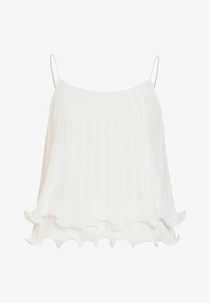 Haut blanc plissé sans manches avec fines bretelles et ourlet à double volants.