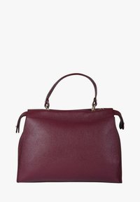 Borsa a mano in pelle color bordeaux con superficie testurizzata, forma strutturata, manico superiore e dettagli in metallo color oro sulla chiusura.