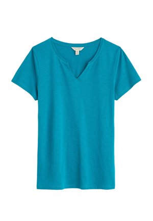 Short-sleeve, V-neck T-shirt in bright turquoise. Made of soft, textured fabric with a relaxed fit. Simple, no patterns or accents.