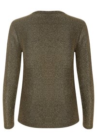 Maglietta a maniche lunghe in tessuto metallico dorato e nero luccicante. Texture liscia con scollatura rotonda e vestibilità comoda.