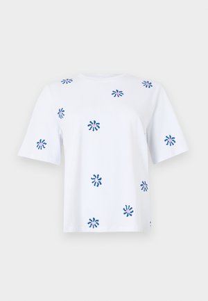 White short-sleeve t-shirt featuring blue and pink abstract print designs throughout. Made from soft cotton with a relaxed fit.
