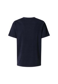 Mørkeblå, kortærmet T-shirt lavet af bomuld, med rund hals og en glat overflade. Enkel design uden mønstre eller logoer.