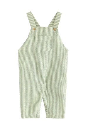 Zielone ogrodniczki w paski z ramiączkami, ozdobione guzikami, z kieszenią na piersi i obszytymi nogawkami; wykonane z lekkiej bawełnianej tkaniny.