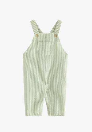 Stribede grønne overalls med skulderstropper, knapdetaljer, brystlomme og opbukket ben; lavet af let bomuldsstof.