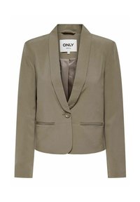 Blazer court vert olive avec un col châle, une fermeture à bouton unique, deux poches avant et une finition en tissu lisse.