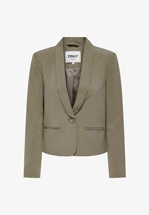 Olíva zöld cropped blézer sálgallérral, egysoros gombzárással, két elülső zsebbel és sima szövet felülettel.