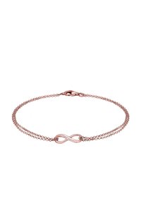 Armband aus roségold mit einem filigranen Kettendesign und einem Unendlichkeitssymbol als Mittelpunkt. Glatte Textur und sicherer Karabinerverschluss.