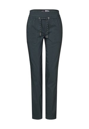Pantaloni verde scuro a sigaretta con vita elasticizzata, cordoncino e due tasche frontali. Tessuto liscio, design casual e tessuto leggero.