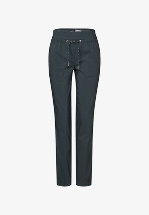 Pantaloni verde scuro a sigaretta con vita elasticizzata, cordoncino e due tasche frontali. Tessuto liscio, design casual e tessuto leggero.