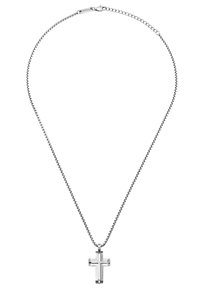 Collar de cadena de plata con un colgante de cruz metálica, que presenta una superficie lisa y detalles recortados, adecuado para diversas ocasiones.