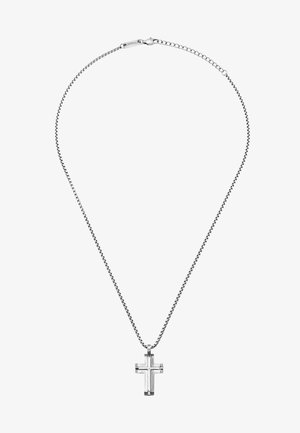 Zilveren ketting met een metalen kruisp pendant, met een gladde oppervlakte en uitsnijdingen, geschikt voor verschillende gelegenheden.