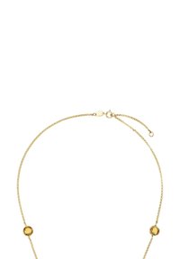 Collana delicata in oro con due piccole gemme gialle rotonde distanziate uniformemente lungo la catena e chiusura a gancio a molla.