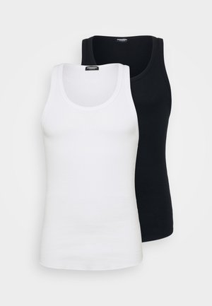 White and black sleeveless ribbed tank tops stacked vertically with round necklines and DSQUARED2 labels.