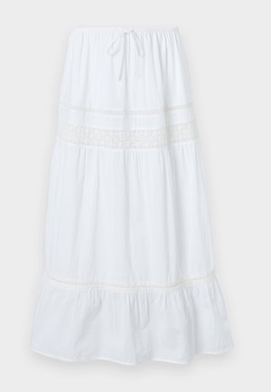 Biela midi sukňa z ľahkého bavlneného materiálu, s sťahovacím pásom a dekoratívnou čipkovou aplikáciou na trupovej časti a okraji. Rozšírený strih.