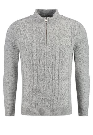 Light gray knitted sweater with cable pattern, long sleeves, ribbed cuffs and hem, and a short front zipper on a stand collar.