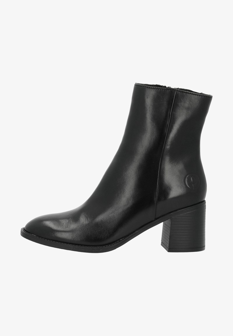 Bottine en cuir noir avec talon bloc, bout arrondi et fermeture éclair latérale, avec un logo subtilement embossé sur le côté extérieur.
