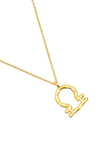 Złoty naszyjnik z wisiorkiem o teksturowanym, abstrakcyjnym wzorze na cienkim łańcuszku. Wisiorek ma zaokrąglony kształt z minimalistycznymi akcentami.