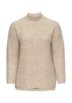 Pull à col montant en tricot beige, avec des manches longues et un motif en côtes texturé. Il présente une coupe décontractée et des fentes sur les côtés au niveau de l'ourlet.