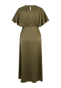 Olivgrünes, leichtes Kleid mit weiten, umhüllenden Ärmeln, tailliertem Bund und einer Schlüssellochöffnung im Rücken. Aus glattem Stoff gefertigt.