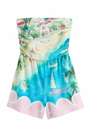 Bunter trägerloser Jumpsuit mit Strandmotiv in Blau-, Grün- und Pinktönen; Oberteil mit Rüschen und Shorts mit geschwungenen Kanten.