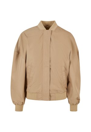 Giacca bomber beige con colletto alto, zip frontale, tasche laterali, polsini e orlo a coste. Tessuto liscio e leggero.