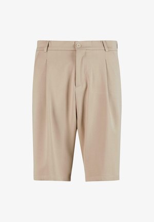 Beige tailored shorts with pleats, featuring a button closure and classic design. Smooth texture, knee-length cut, and no visible pockets.