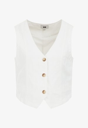 White linen vest with a V-neck, featuring three large natural buttons down the front and two side pockets. Smooth texture and tailored shape.
