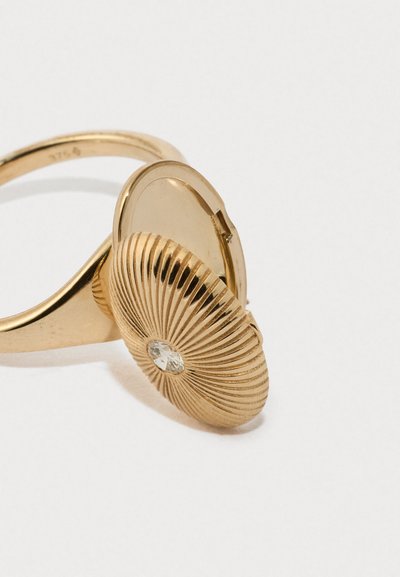 Zlatý prsteň s zebrovanou diskovou vrchnou časťou, ktorá obsahuje centrálny priehľadný drahokam a detail so závesom pre otváranie. Hladký dizajn obrúčky.