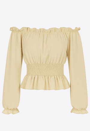 Off-shoulder beige bluse med lange ærmer, elastisk smock-talje, flæset halsudskæring, manchetter og kant.