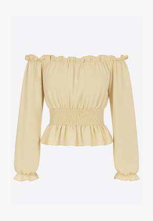 Off-shoulder beige bluse med lange ærmer, elastisk smock-talje, flæset halsudskæring, manchetter og kant.