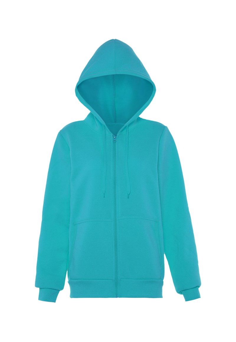 Turquoise zip-up hoodie met een capuchon, trekkoorden en zijzakken. Gemaakt van zachte stof, met ribgebreide manchetten en zoom.