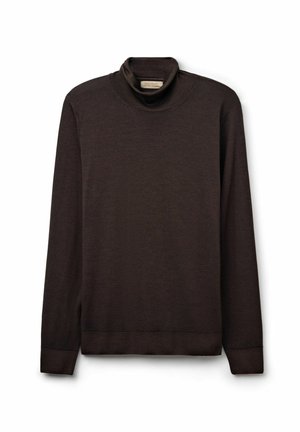 Ciemnobrązowy sweter z golfem wykonany z miękkiego materiału. Długie rękawy, dopasowany krój z ribbowym wykończeniem u dołu i na mankietach. Prosta, bezszwowa konstrukcja.