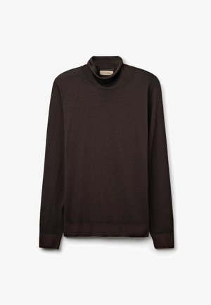 Ciemnobrązowy sweter z golfem wykonany z miękkiego materiału. Długie rękawy, dopasowany krój z ribbowym wykończeniem u dołu i na mankietach. Prosta, bezszwowa konstrukcja.