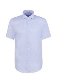 Hellblaues kurzärmeliges Hemd mit Knopfleiste, klassischem Kragen und feinem Karomuster, von vorne gezeigt.