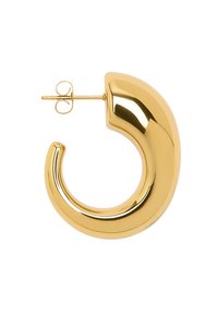 Złote kolczyki w kształcie obręczy o gładkim, zaokrąglonym дизайnie i polerowanym wykończeniu. Posiadają zapięcie na sztyft, zapewniające pewne noszenie.