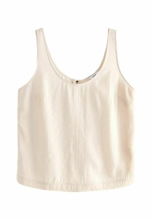 Haut sans manches de couleur crème fabriqué en tissu doux, avec un col rond et un petit détail de bouton à l'avant. Design simple et décontracté.