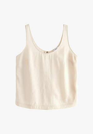 Top brez rokavov v kremni barvi, izdelan iz mehkega materiala, z okroglim izrezom in majhnim gumbom na sprednjem delu. Preprost, praznični dizajn.