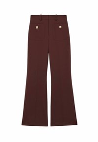 Brown, flared trousers made of smooth fabric with a waistband, two back pockets, and round gold-tone hardware accents.