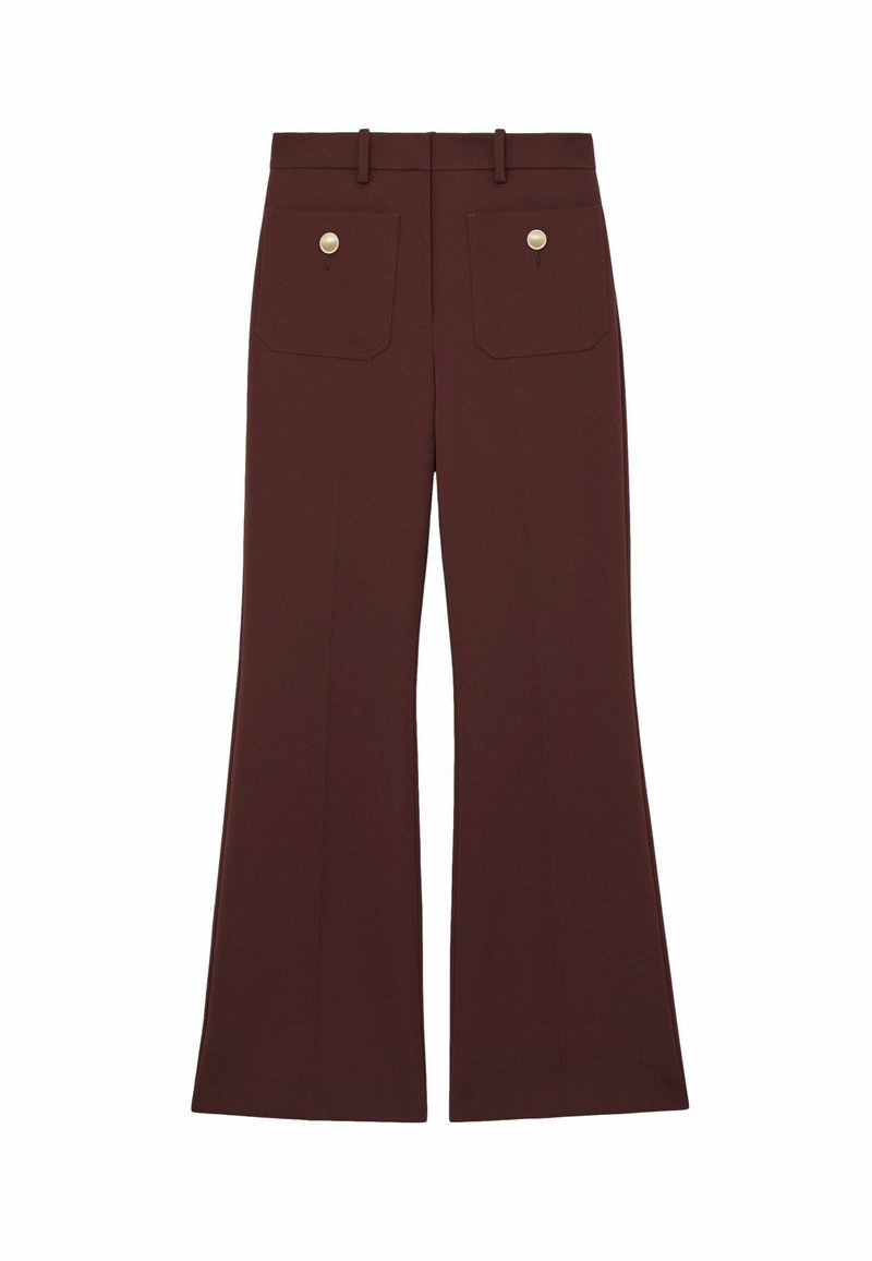 Brown, flared trousers made of smooth fabric with a waistband, two back pockets, and round gold-tone hardware accents.