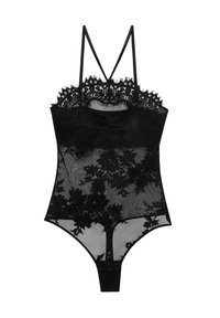 Svart spetsbodysuit med blommönster, genomskinlig mesh-tyg, justerbara spaghettiband och tryckknappsstängning längst ner.
