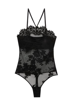 Zwarte kant bodysuit met bloemenpatroon, doorzichtig mesh-stof, verstelbare spaghettibandjes en drukknoopsluiting aan de onderkant.